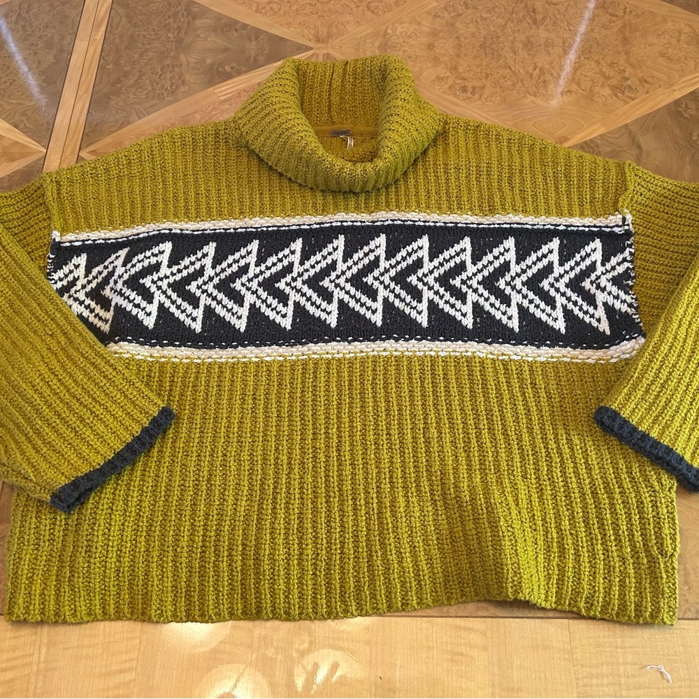 Free People Yellow and Indigo Oh So Soft Knit Sweater with Geometric Pattern.